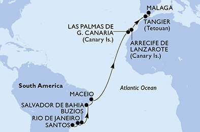 Brazília, Španielsko, Maroko zo Santosu na lodi MSC Grandiosa