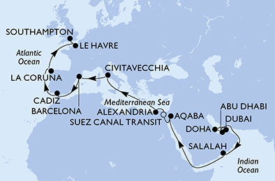 Spojené arabské emiráty, Katar, Omán, Jordánsko, Egypt, Taliansko, Španielsko, Francúzsko, Veľká Británia z Dubaja na lodi MSC Euribia