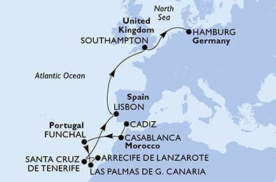 Španielsko, Maroko, Portugalsko, Veľká Británia, Nemecko z Cadizu na lodi MSC Euribia