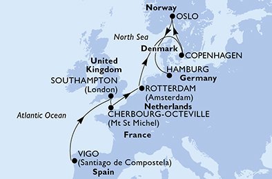 Španielsko, Veľká Británia, Francúzsko, Holandsko, Dánsko, Nórsko, Nemecko z Viga na lodi MSC Preziosa