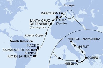 Brazília, Španielsko, Taliansko, Grécko, Chorvátsko z Rio de Janeira na lodi MSC Armonia