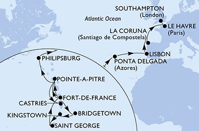 Martinik, Guadeloupe, Svätá Lucia, Barbados, Svätý Vincent a Grenadiny, Grenada, Svatý Martin, Portugalsko, Španielsko, Francúzsko, Veľká Británia z Fort de France, Martinik na lodi MSC Virtuosa