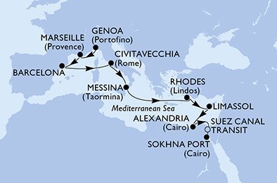 Taliansko, Francúzsko, Španielsko, Grécko, Cyprus, Egypt z Janova na lodi MSC Opera