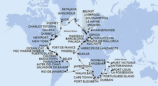 Taliansko, Francúzsko, Španielsko, Kapverdy, Senegal, Namíbia, Juhoafrická republika, Tanzánie, Keňa, Seychely, Madagaskar, Maurícius, Reunion, Mozambik, Zámořské území Velké Británie, Brazília, Barbados, Svätá Lucia, Martinik, Dominikánska republika, Bahamy, USA, Kanada, Autonomní oblast Dánska, Island, Veľká Británia, Holandsko, Nemecko z Civitavechie na lodi MSC Poesia