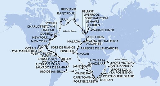 Španielsko, Kapverdy, Senegal, Namíbia, Juhoafrická republika, Tanzánie, Keňa, Seychely, Madagaskar, Maurícius, Reunion, Mozambik, Zámořské území Velké Británie, Brazília, Barbados, Svätá Lucia, Martinik, Dominikánska republika, Bahamy, USA, Kanada, Autonomní oblast Dánska, Island, Veľká Británia, Francúzsko, Holandsko, Nemecko z Barcelony na lodi MSC Poesia