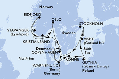 Nemecko, Dánsko, Poľsko, Švédsko, Nórsko z Warnemünde na lodi MSC Poesia