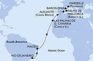 Brazília, Španielsko, Francúzsko z Rio de Janeira na lodi MSC Seaview