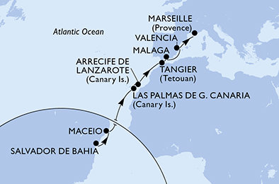 Brazília, Španielsko, Maroko, Francúzsko zo Salvadoru na lodi MSC Grandiosa