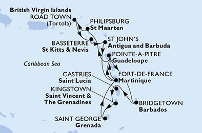 Martinik, Guadeloupe, Barbados, Svätá Lucia, Svätý Vincent a Grenadiny, Grenada, Svatý Martin, Britské Panenské ostrovy, Svätý Krištof a Nevis, Antigua a Barbuda z Fort de France, Martinik na lodi MSC Virtuosa