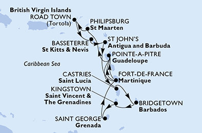 Martinik, Guadeloupe, Svatý Martin, Britské Panenské ostrovy, Svätý Krištof a Nevis, Antigua a Barbuda, Svätá Lucia, Barbados, Svätý Vincent a Grenadiny, Grenada z Fort de France, Martinik na lodi MSC Virtuosa