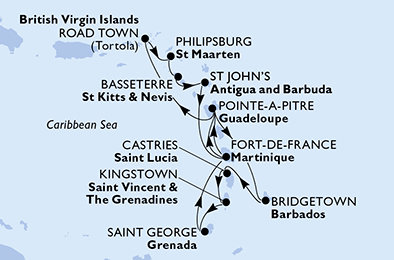Martinik, Guadeloupe, Britské Panenské ostrovy, Svatý Martin, Svätý Krištof a Nevis, Antigua a Barbuda, Barbados, Svätá Lucia, Svätý Vincent a Grenadiny, Grenada z Fort de France, Martinik na lodi MSC Virtuosa