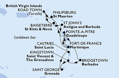 Martinik, Guadeloupe, Barbados, Svätý Vincent a Grenadiny, Grenada, Svätá Lucia, Svatý Martin, Britské Panenské ostrovy, Svätý Krištof a Nevis, Antigua a Barbuda z Fort de France, Martinik na lodi MSC Virtuosa