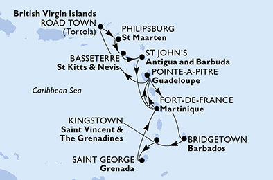 Barbados, Svätý Vincent a Grenadiny, Grenada, Martinik, Guadeloupe, Britské Panenské ostrovy, Svatý Martin, Svätý Krištof a Nevis, Antigua a Barbuda z Bridgetownu na lodi MSC Virtuosa