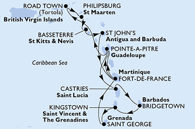 Martinik, Guadeloupe, Britské Panenské ostrovy, Svatý Martin, Svätý Krištof a Nevis, Antigua a Barbuda, Svätá Lucia, Barbados, Svätý Vincent a Grenadiny, Grenada z Fort de France, Martinik na lodi MSC Virtuosa