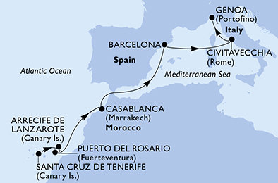 Španielsko, Maroko, Taliansko z Tenerife na lodi MSC Musica