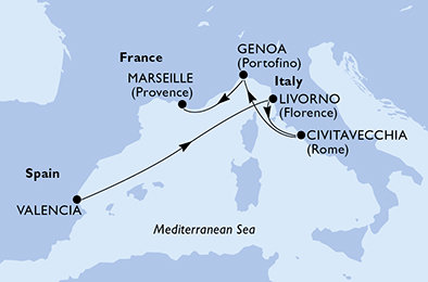 Španielsko, Taliansko, Francúzsko z Valencie na lodi MSC Splendida