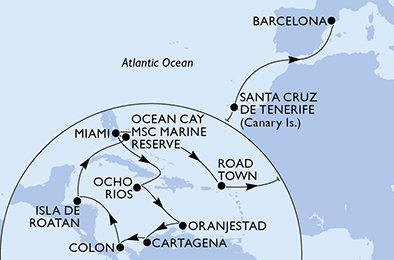 USA, Jamajka, Aruba, Kolumbia, Panama, Honduras, Bahamy, Britské Panenské ostrovy, Španielsko z Miami na lodi MSC Divina