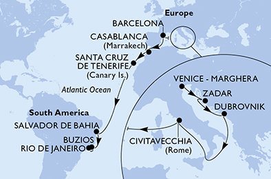 Taliansko, Chorvátsko, Španielsko, Maroko, Brazília z Marghery na lodi MSC Armonia