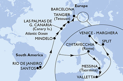 Brazília, Kapverdy, Španielsko, Maroko, Taliansko, Malta, Chorvátsko z Rio de Janeira na lodi MSC Armonia