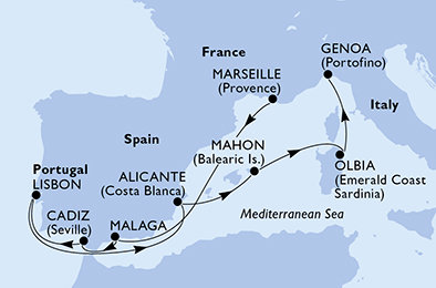 Francúzsko, Španielsko, Portugalsko, Taliansko z Marseille na lodi MSC Opera
