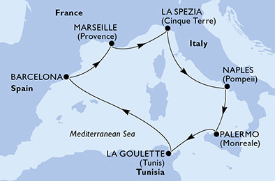 Taliansko, Tunisko, Španielsko, Francúzsko z Palerma na lodi MSC Splendida