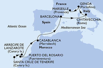 Španielsko, Maroko, Taliansko, Francúzsko z Tenerife na lodi MSC Musica