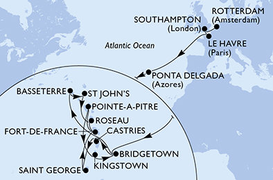 Holandsko, Veľká Británia, Francie, Portugalsko, Barbados, Svätý Krištof a Nevis, Antigua a Barbuda, Dominika, Martinik, Guadeloupe, Svätý Vincent a Grenadiny, Svätá Lucia, Grenada z Rotterdamu na lodi MSC Virtuosa