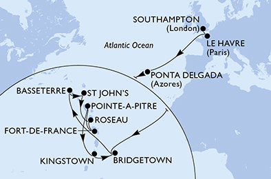 Veľká Británia, Francúzsko, Portugalsko, Barbados, Svätý Krištof a Nevis, Antigua a Barbuda, Dominika, Martinik, Guadeloupe, Svätý Vincent a Grenadiny zo Southamptonu na lodi MSC Virtuosa