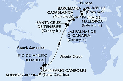 Argentína, Brazília, Španielsko, Maroko, Francúzsko z Buenos Aires na lodi MSC Fantasia