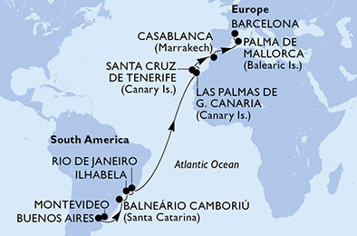 Uruguaj, Argentína, Brazília, Španielsko, Maroko z Montevidea na lodi MSC Fantasia