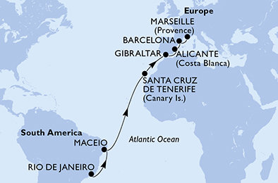Brazília, Španielsko, Gibraltár, Francúzsko z Rio de Janeira na lodi MSC Seaview