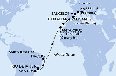 Brazília, Španielsko, Gibraltár, Francúzsko zo Santosu na lodi MSC Seaview