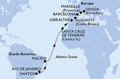 Brazília, Španielsko, Gibraltár, Francúzsko, Taliansko zo Santosu na lodi MSC Seaview