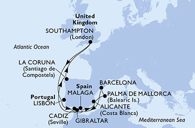 Veľká Británia, Portugalsko, Španielsko, Gibraltár zo Southamptonu na lodi MSC Virtuosa