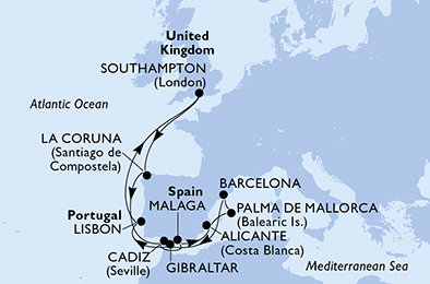Veľká Británia, Španielsko, Gibraltár, Portugalsko zo Southamptonu na lodi MSC Virtuosa