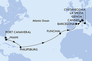 USA, Svatý Martin, Portugalsko, Španielsko, Francúzsko, Taliansko z Port Canaveralu na lodi MSC Grandiosa