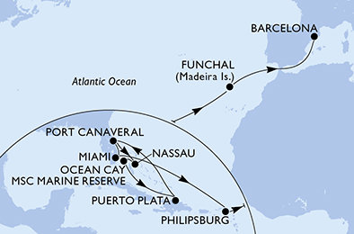 USA, Bahamy, Dominikánska republika, Svatý Martin, Portugalsko, Španielsko z Port Canaveralu na lodi MSC Grandiosa