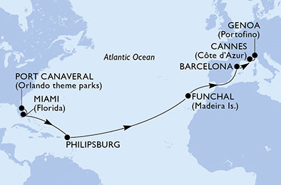 USA, Svatý Martin, Portugalsko, Španielsko, Francúzsko, Taliansko z Port Canaveralu na lodi MSC Grandiosa