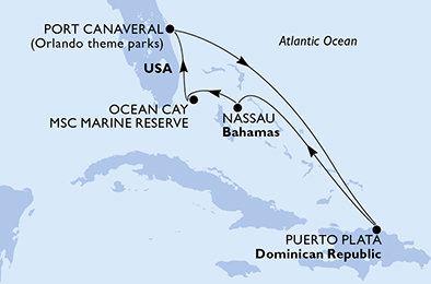 USA, Dominikánska republika, Bahamy z Port Canaveralu na lodi MSC Seashore