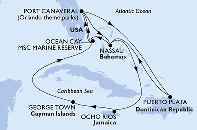 USA, Bahamy, Jamajka, Kajmanské ostrovy, Dominikánska republika z Port Canaveralu na lodi MSC Seashore