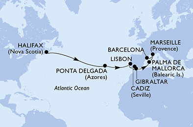 Kanada, Portugalsko, Španielsko, Gibraltár, Francúzsko z Halifaxu na lodi MSC Meraviglia