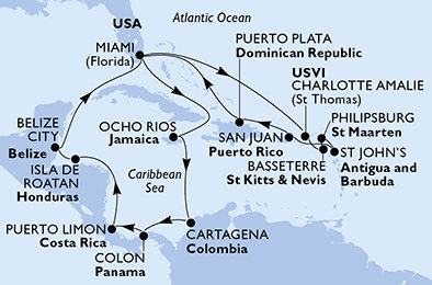 USA, Svätý Krištof a Nevis, Svatý Martin, Antigua a Barbuda, Dominikánska republika, Jamajka, Kolumbia, Panama, Kostarika, Honduras, Belize z Miami na lodi MSC Poesia