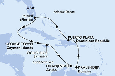 USA, Kajmanské ostrovy, Jamajka, Aruba, Bonaire, Dominikánska republika z Miami na lodi MSC Poesia