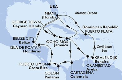 USA, Kajmanské ostrovy, Jamajka, Aruba, Bonaire, Dominikánska republika, Kolumbia, Panama, Kostarika, Honduras, Belize z Miami na lodi MSC Poesia
