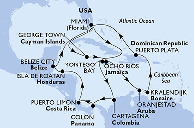USA, Jamajka, Kolumbia, Panama, Kostarika, Honduras, Belize, Kajmanské ostrovy, Aruba, Bonaire, Dominikánska republika z Miami na lodi MSC Poesia