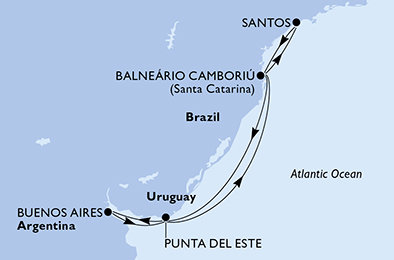 Argentína, Uruguaj, Brazília z Buenos Aires na lodi MSC Preziosa