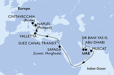 Spojené arabské emiráty, Omán, Egypt, Malta, Taliansko z Abu Dhabi na lodi MSC World Europa