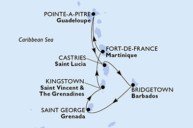 Martinik, Guadeloupe, Svätá Lucia, Barbados, Grenada, Svätý Vincent a Grenadiny z Fort de France, Martinik na lodi MSC Seaview