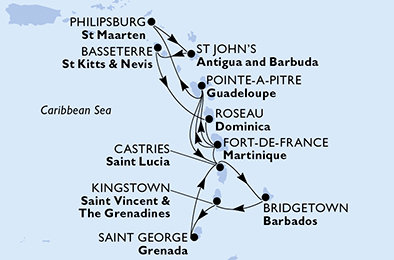 Barbados, Svätý Vincent a Grenadiny, Grenada, Svätá Lucia, Martinik, Guadeloupe, Svatý Martin, Antigua a Barbuda, Svätý Krištof a Nevis, Dominika z Bridgetownu na lodi MSC Seaview