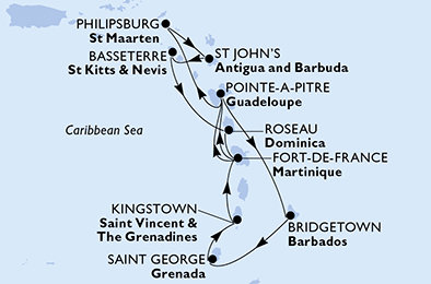 Barbados, Grenada, Svätý Vincent a Grenadiny, Martinik, Guadeloupe, Svatý Martin, Antigua a Barbuda, Svätý Krištof a Nevis, Dominika z Bridgetownu na lodi MSC Seaview
